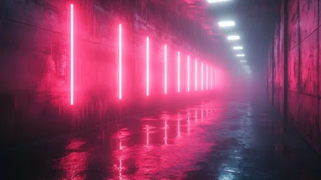 Neon-lit wet alley at night with glowing magenta light bars and puddle reflections