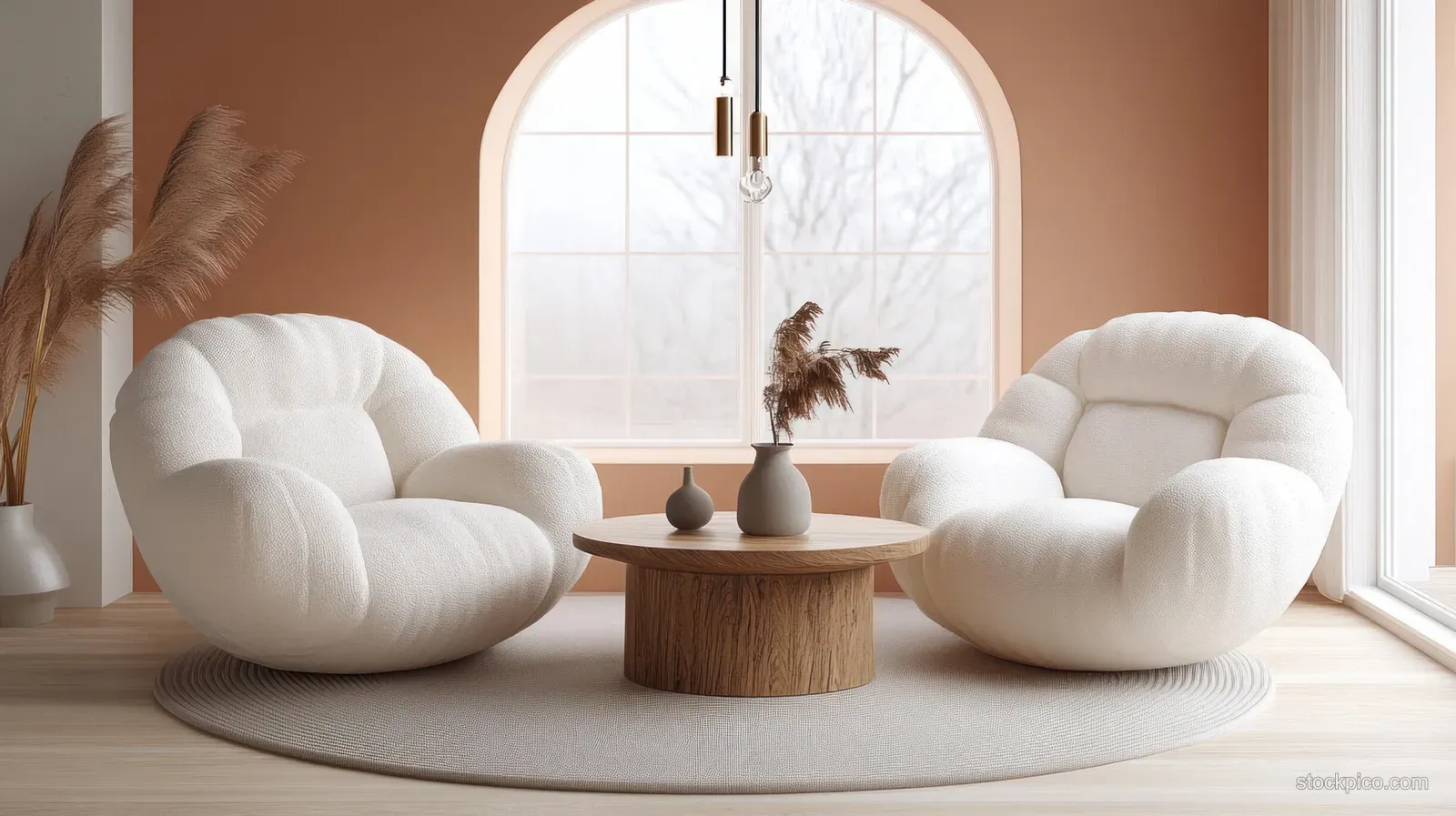 Two plush white lounge chairs and a small walnut table sit in a Scandinavian living room beside an arched window.