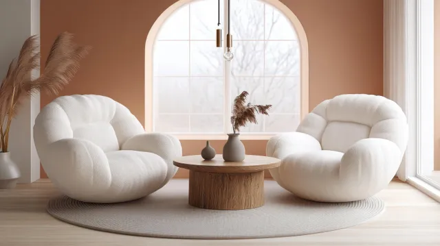Two plush white lounge chairs and a small walnut table sit in a Scandinavian living room beside an arched window.