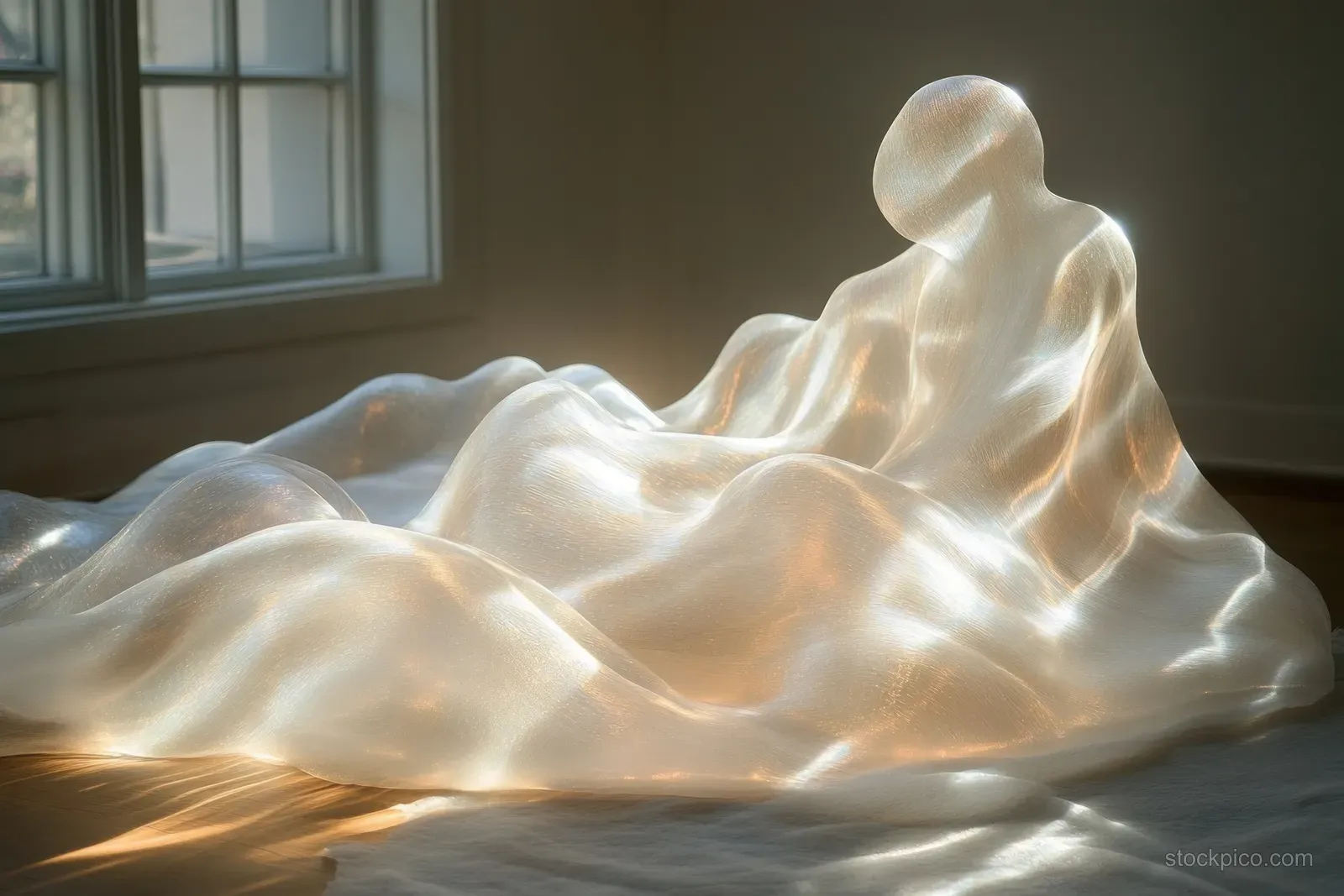 Refracted light from a crystal prism casts glowing caustic shadows and color patterns on a white wall.