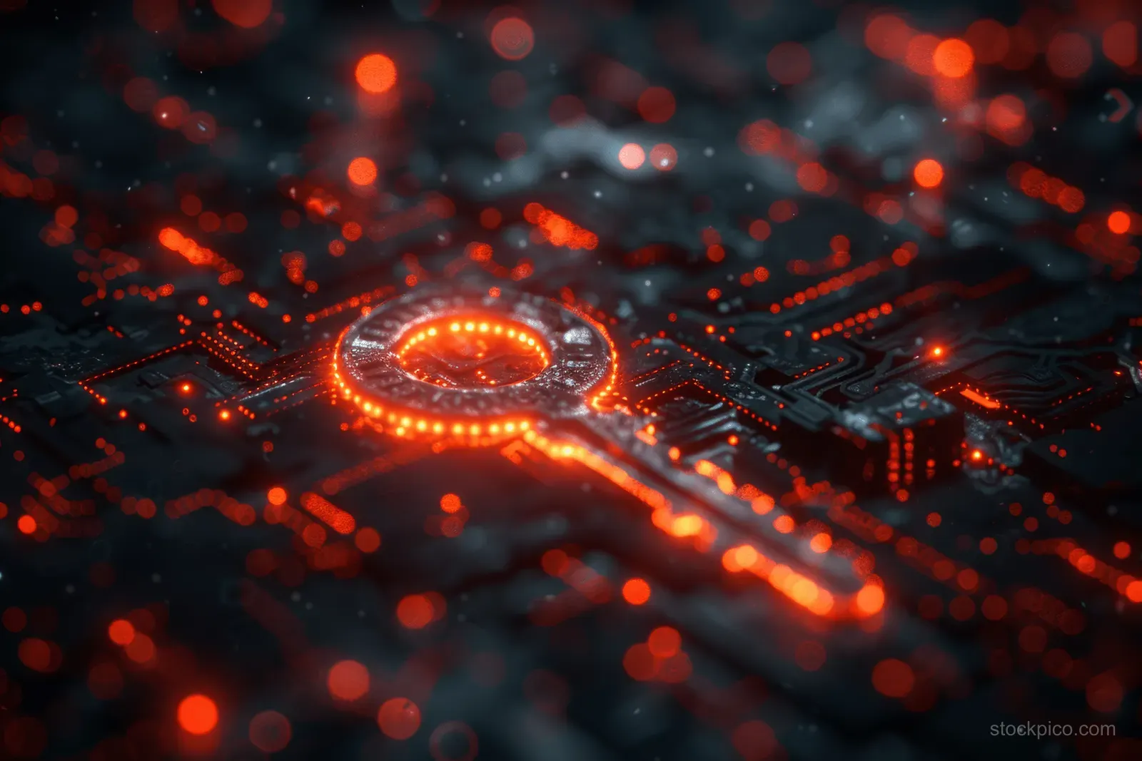 A glowing digital security key and lock ring hover above a blue circuit board background.