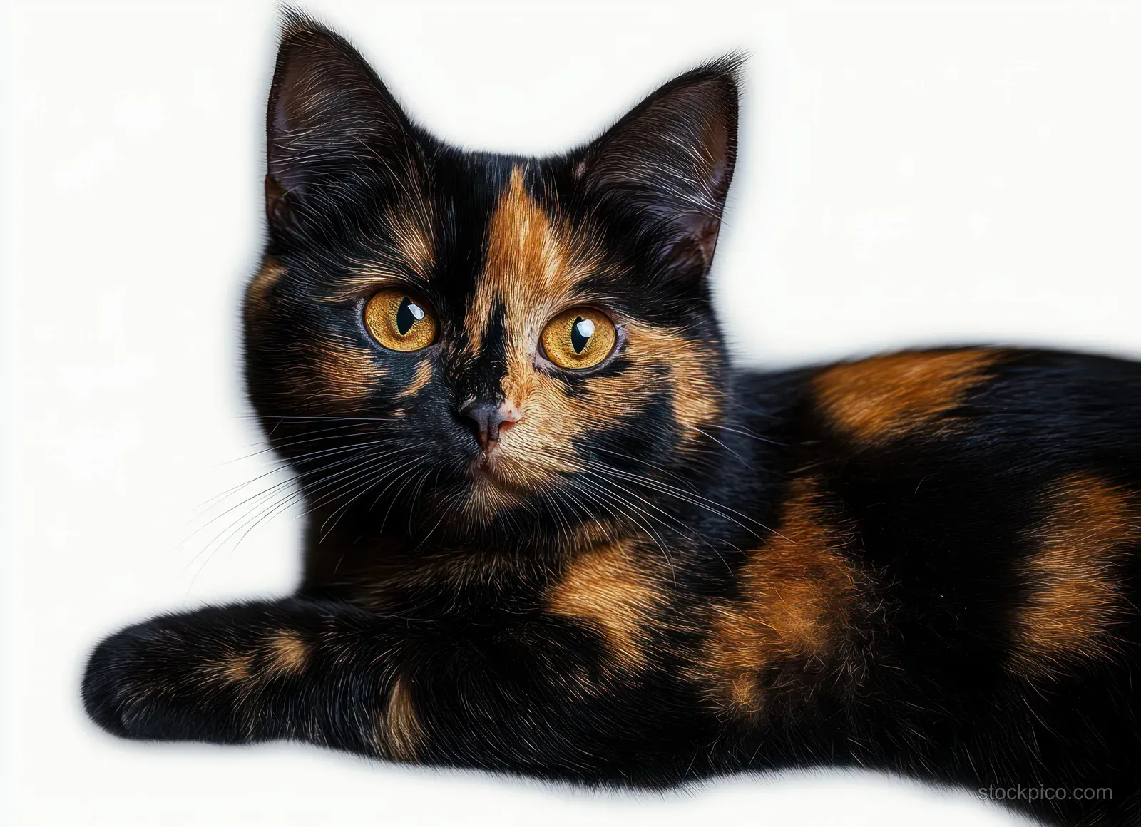 Tortoiseshell cat lying against a plain white background, with vivid yellow eyes and visible whiskers.