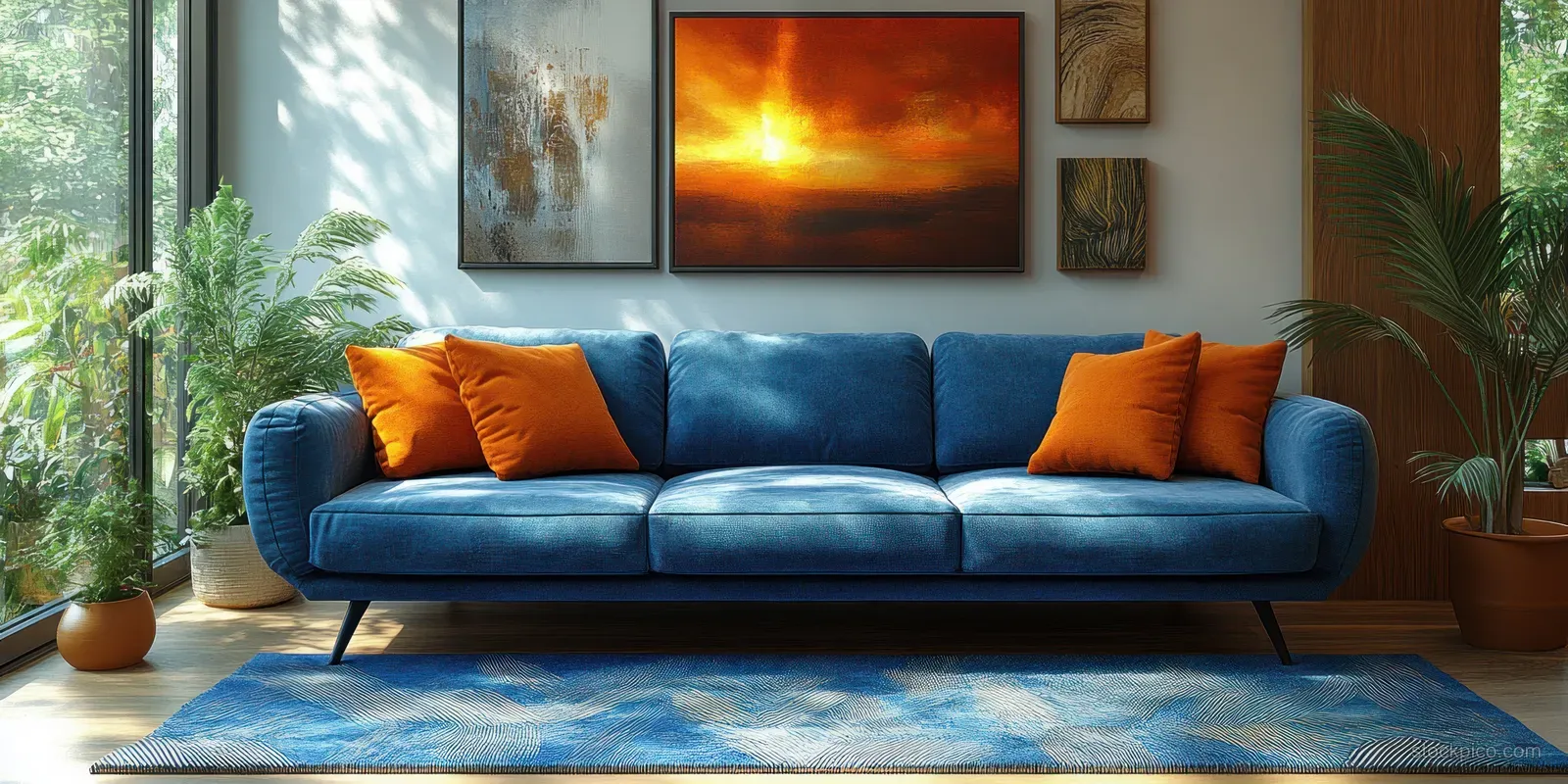 A blue sofa with orange cushions sits in a bright minimalist living room with wooden floors, plants, and wall art.