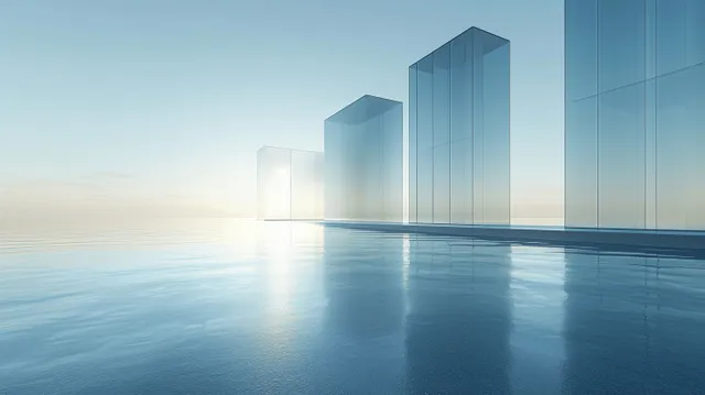 Futuristic glass office towers reflect on an empty concrete floor beneath a clear sky.