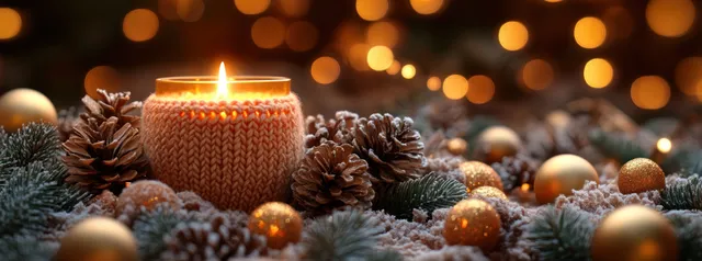 Burning Christmas candle on snowy pinecone arrangement with warm bokeh lights