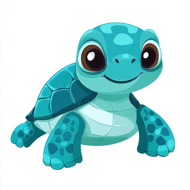 Cartoon blue sea turtle with big eyes and a smiling face on a white background.