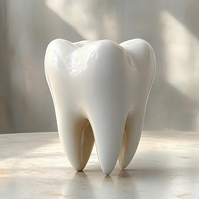 A glossy white dental tooth model stands upright on a light surface, illuminated by soft natural light and gentle shadows.
