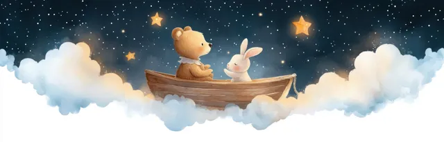 Bear and Rabbit Sailing a Wooden Boat Through Starry Clouds