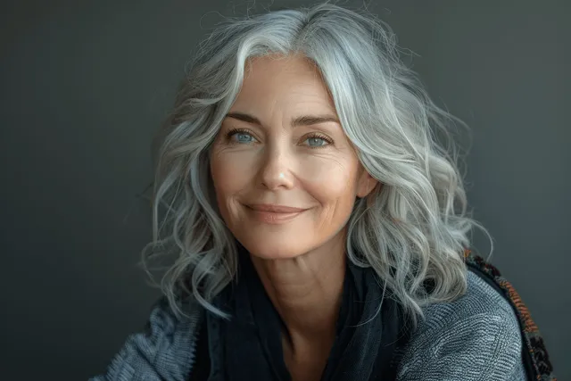 Smiling elderly woman close-up with gray wavy hair against a dark studio background