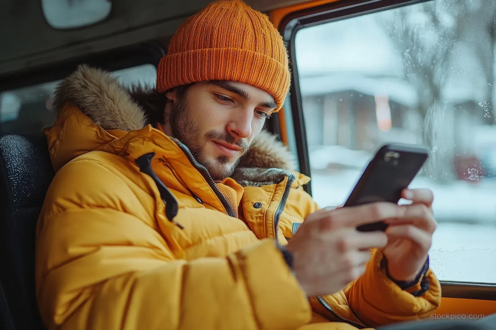 A man in a knit orange hat checks his smartphone inside a car with snow visible through the window.