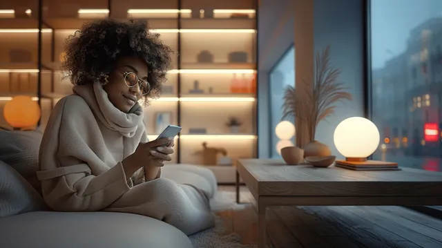 Woman smiling while holding smartphone on a couch, lit by neon night city window