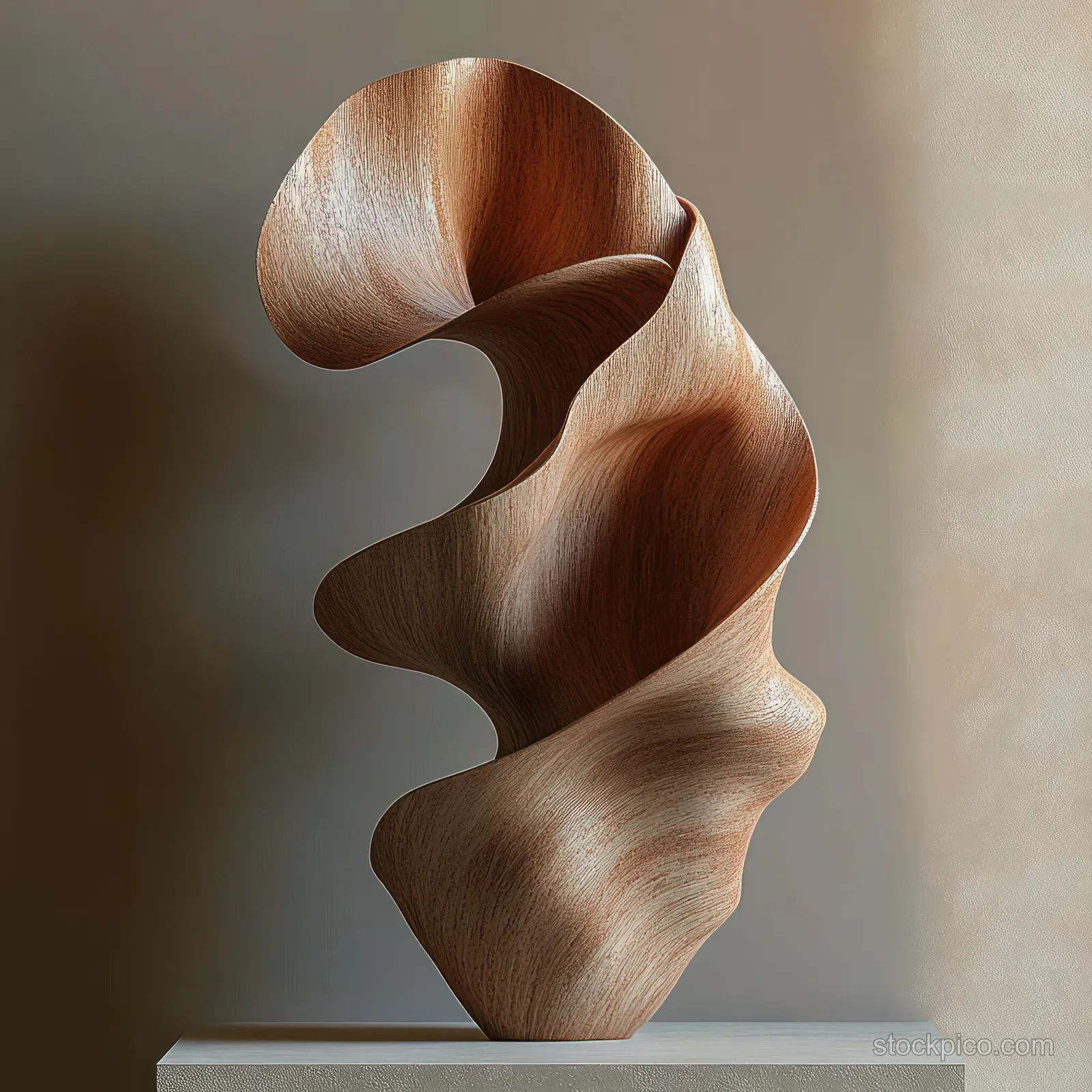 Copper fabric drape curls in layered waves above a white pedestal under warm soft lighting.