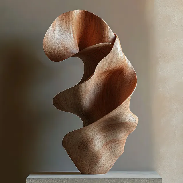 Copper fabric drape curls in layered waves above a white pedestal under warm soft lighting.
