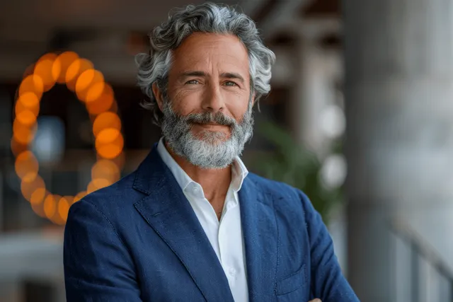 Smiling mature businessman with gray beard and navy suit standing outdoors, bokeh lights behind