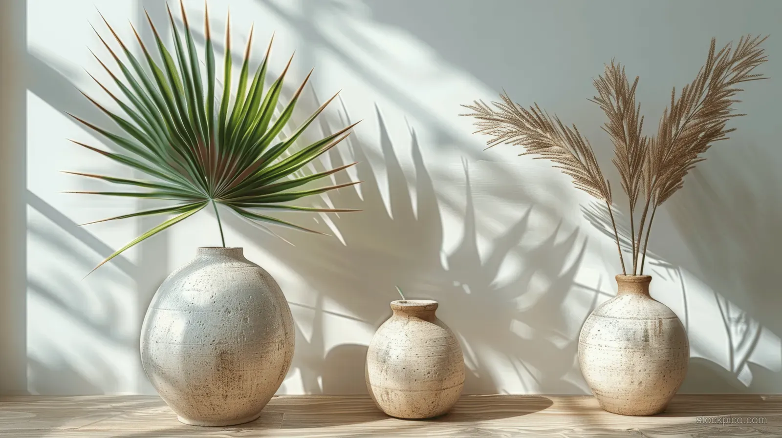 Three beige ceramic vases on a wooden shelf with palm leaf shadows cast on a white wall.