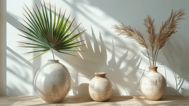 Beige ceramic vases on wooden shelf with palm leaf shadows against a white wall