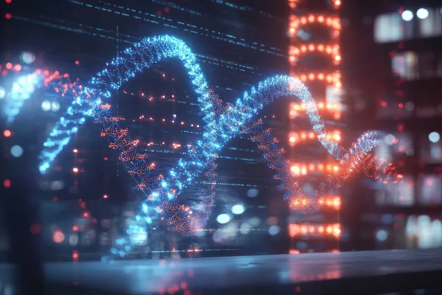 Blue and red glowing particles form a 3D DNA double helix against a dark blurred science data background.