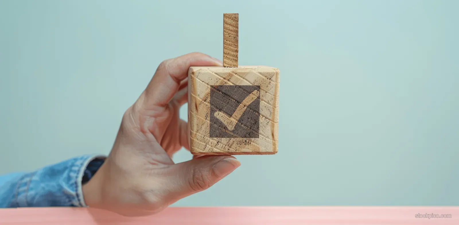 Hand holding a wooden approval stamp with a checkmark above a labeled box on a light desk.