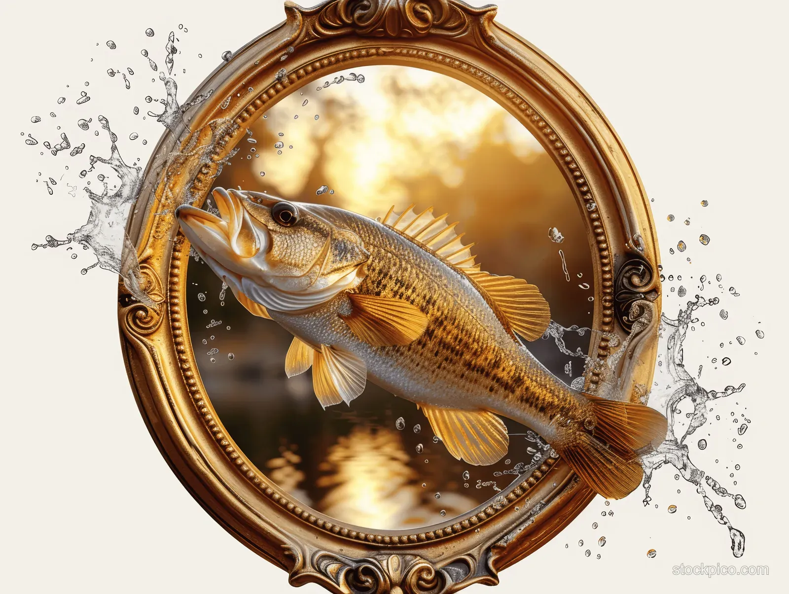 Freshwater bass leaps from a golden-hour lake, splashing water inside an ornate round frame.