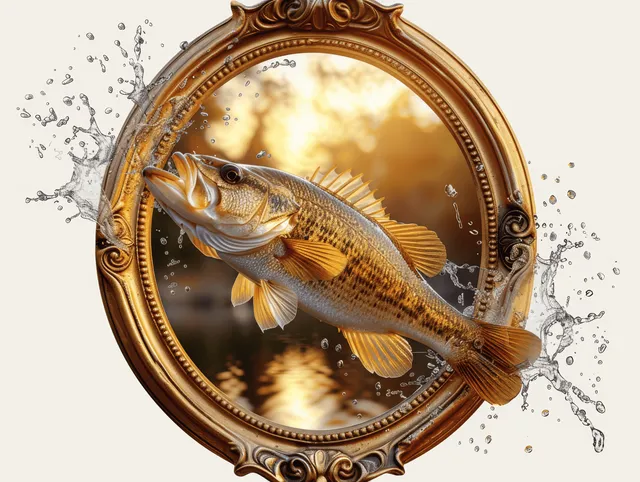 Freshwater bass leaps from a golden-hour lake, splashing water inside an ornate round frame.