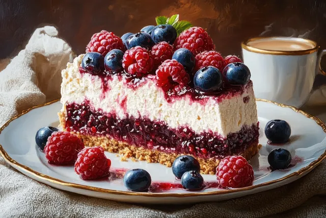Cheesecake slice topped with raspberries and blueberries on a white plate with golden rim beside a cup of coffee.