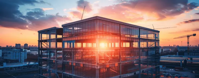 Workers weld the steel framework of an office building while a crane and sunset skyline fill the background.