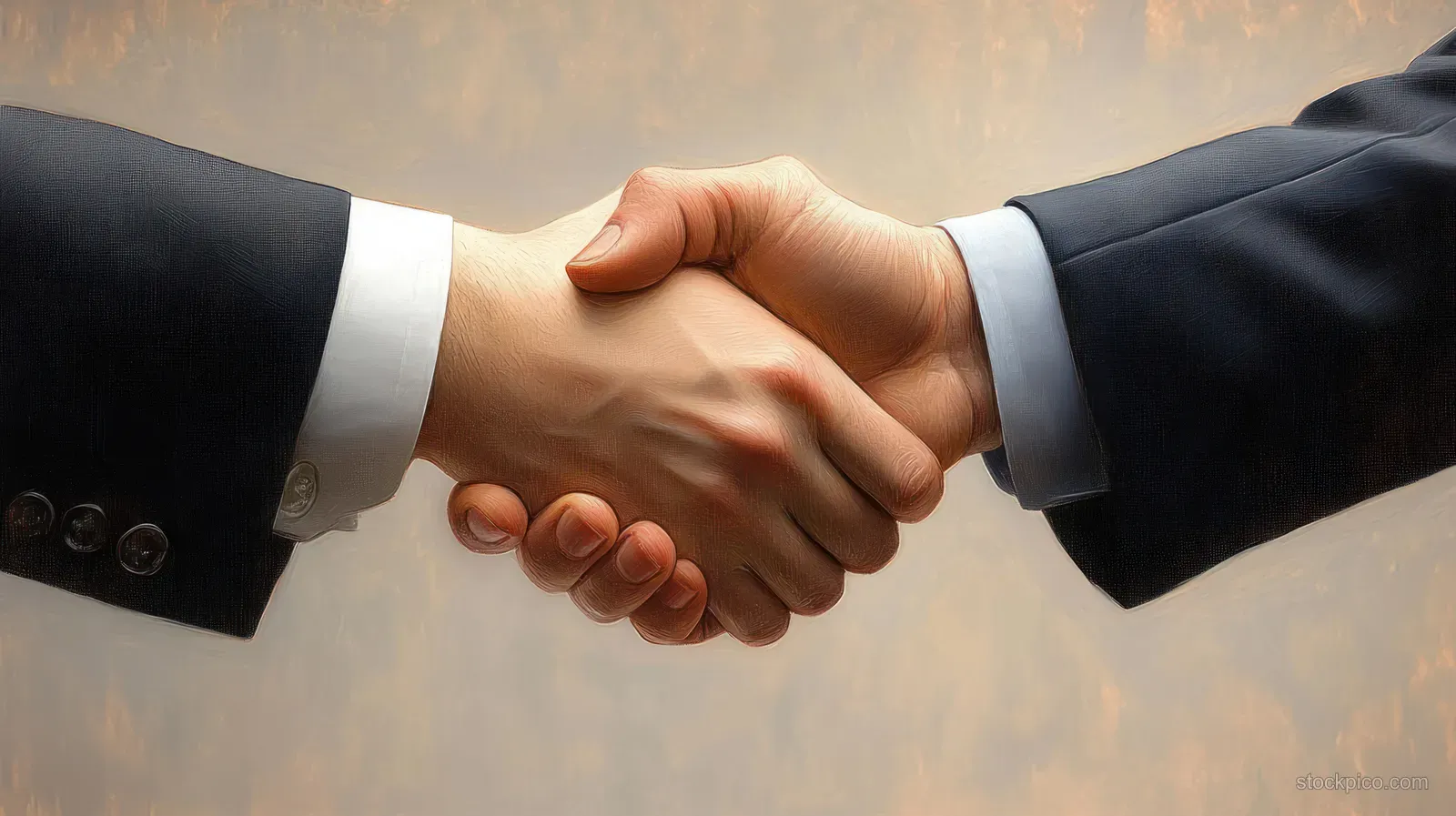 Two executives in formal suits shake hands firmly in a warm neutral setting.