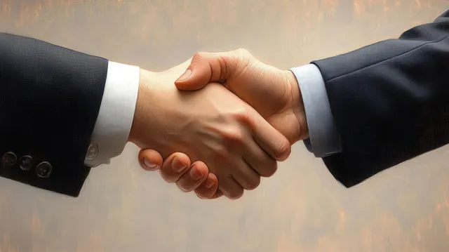 Two executives in formal suits shake hands firmly in a warm neutral setting.