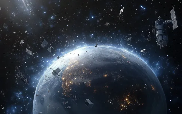 Glowing Earth is surrounded by drifting satellite fragments in a dark starfield.
