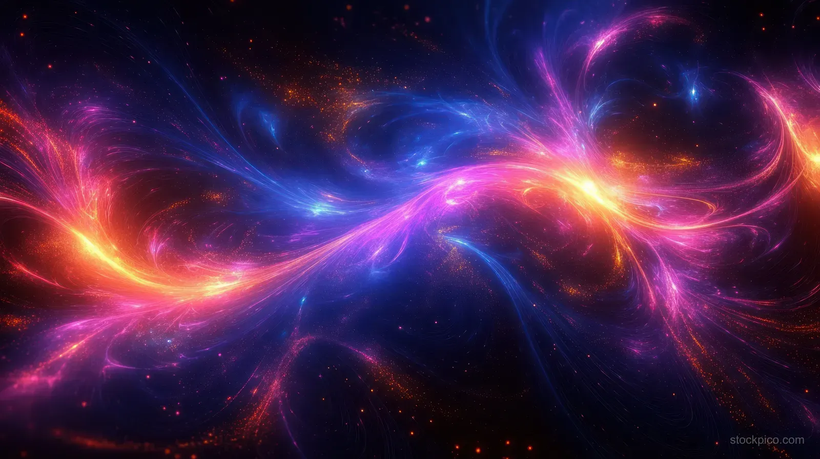 Neon purple, blue, orange, and yellow cosmic light waves swirl across a dark background with sparkling particles.