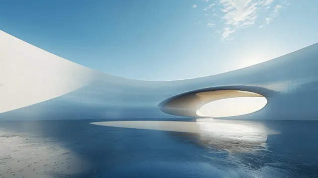 Curved white building facade over reflective water with a bright circular opening under a cloudy sky.