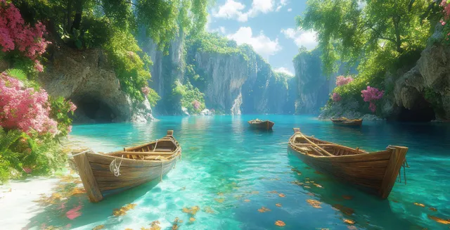 Two wooden boats float in turquoise lagoon water under lush green cliffs and hanging leaves.