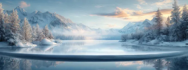 Frozen lake winter landscape with snowy mountains and a small icy podium in the foreground.