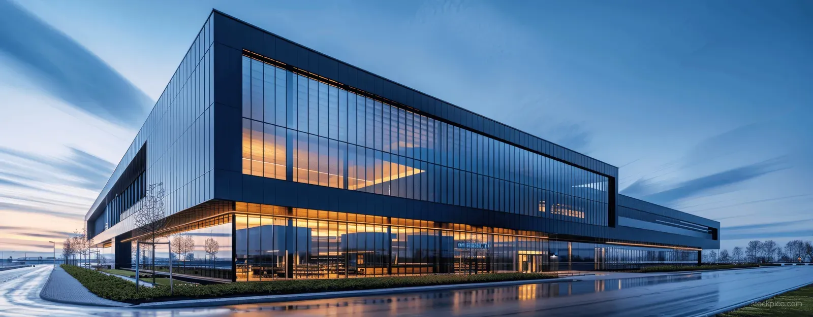 A modern logistics and research facility with a glowing glass facade at dusk beside a shipping yard.