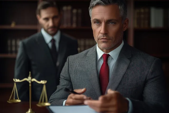 A suited man writes at a desk in a law office with golden scales and blurred partners in the background.