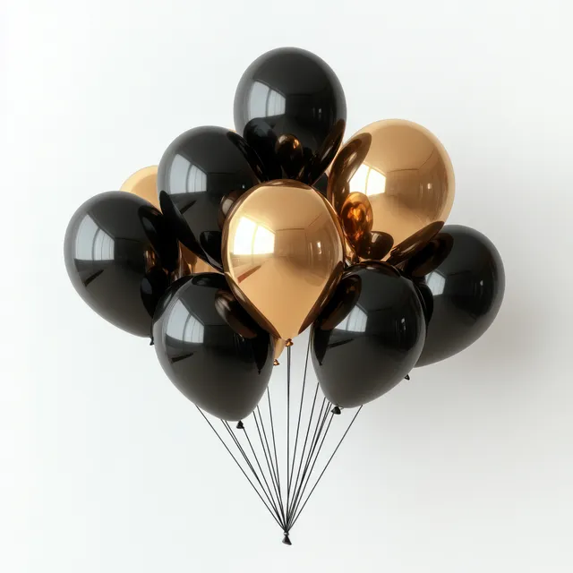 Black and gold balloon bunch for party celebration on clean white background