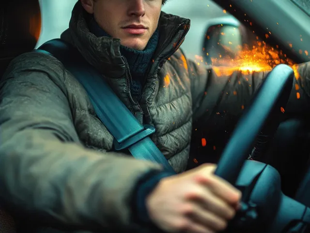 A seatbelted driver grips the steering wheel in a winter jacket while bright sparks flash inside the car at night.