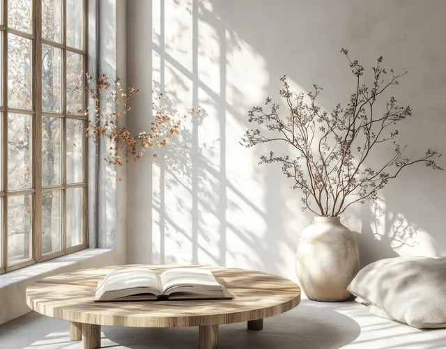Sunlit Scandinavian interior corner with a wooden round table, open book, vase of branches, and soft window shadows.