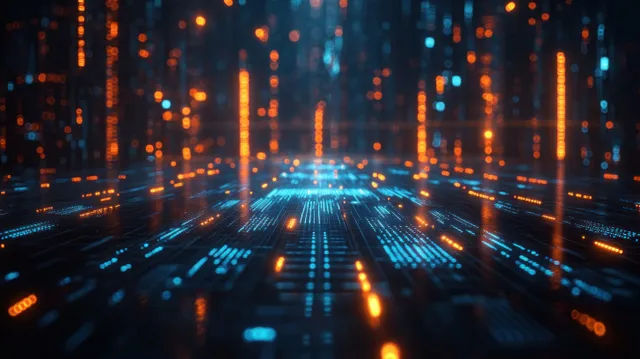 A futuristic data tunnel displays a glowing upward growth chart over a blue-orange financial grid.