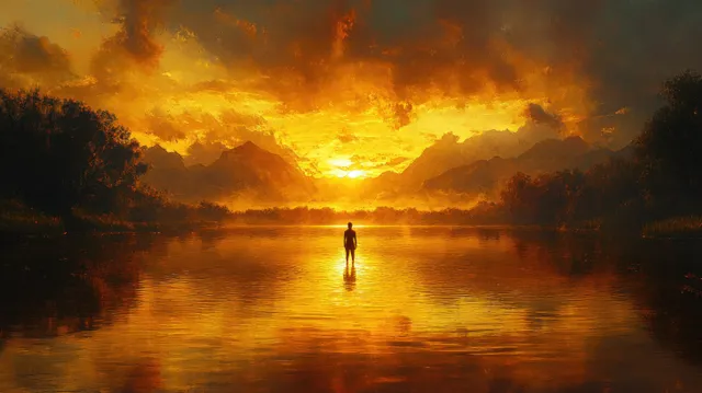 A solitary figure walks along a glowing river at sunset with warm reflections under dramatic clouds.