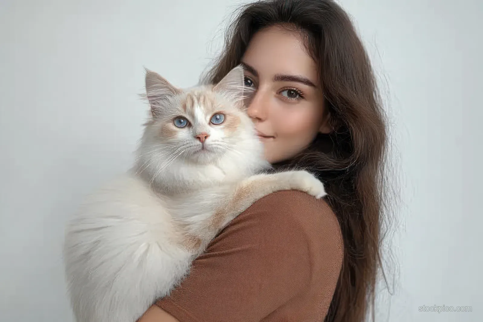 A smiling young woman holds a fluffy white ragdoll cat close indoors with a soft light background.