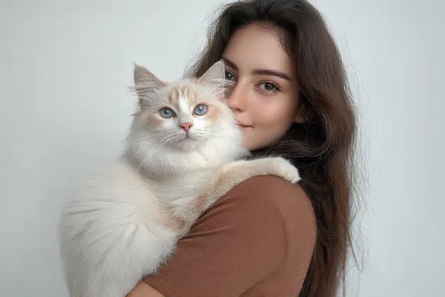 A smiling young woman holds a fluffy white ragdoll cat close indoors with a soft light background.