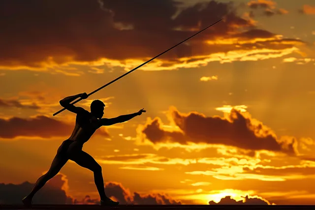 Silhouette of a javelin thrower sprinting on a track with an airborne spear against a glowing sunset sky.