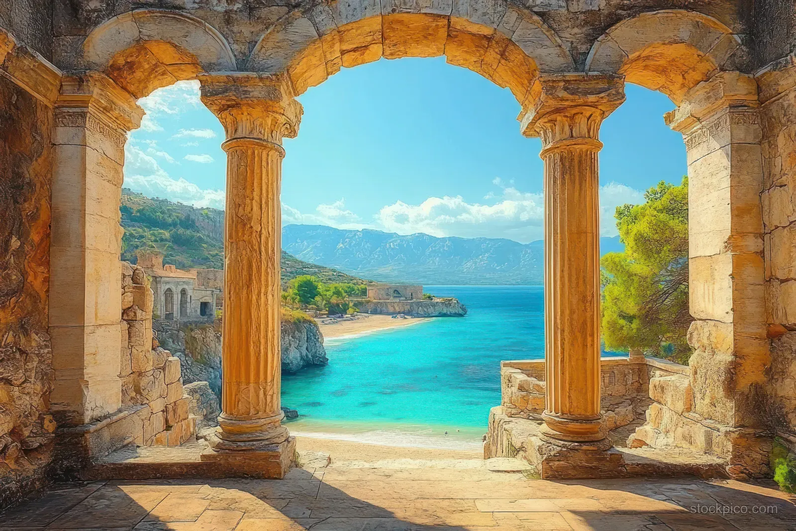 Ancient stone arches with columns frame a turquoise beach, sea, and distant mountains under clear sky.