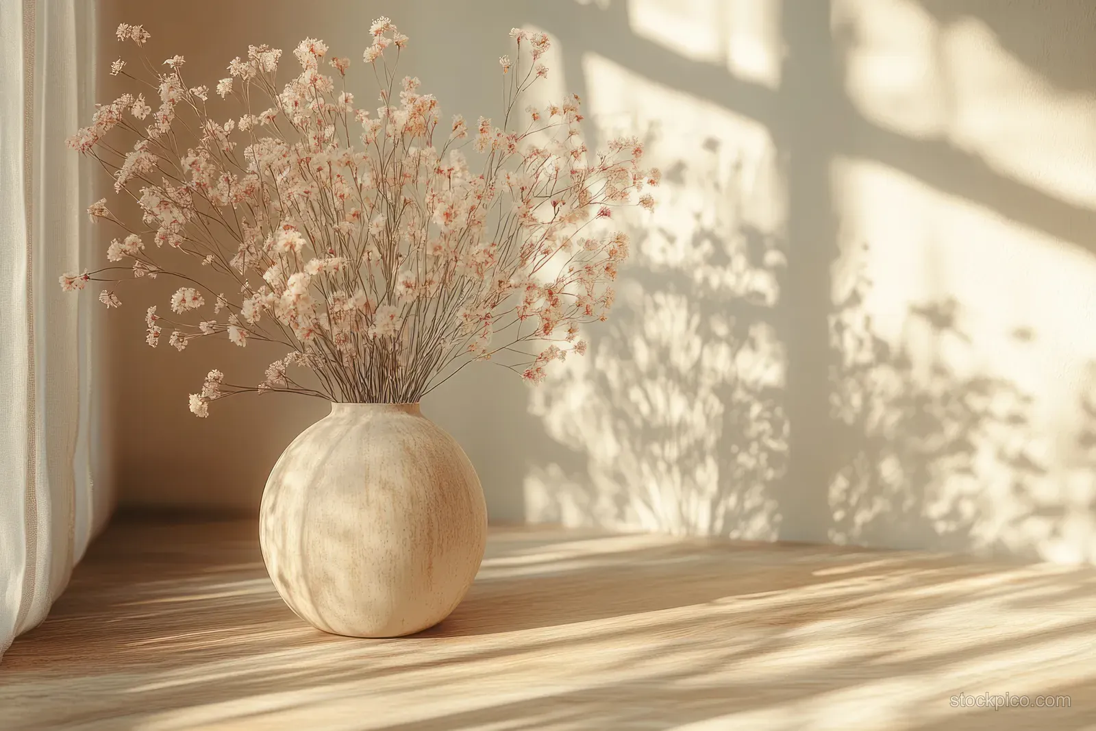 Ceramic vase of dried wildflowers on a wooden shelf with sunlit shadows behind it.