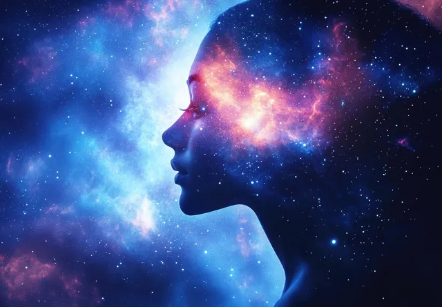 Dark silhouette meditating in a colorful cosmic nebula with glowing chakra energy aura above the head.