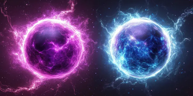 Two glowing purple and blue energy spheres crackle with lightning effects against a dark space background.