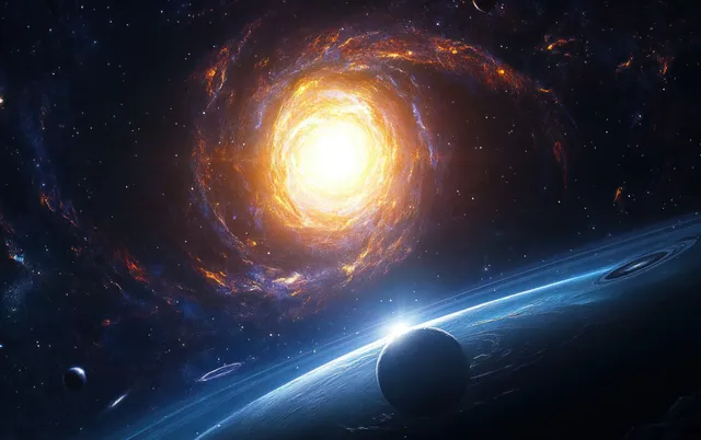 A bright star glows inside a swirling nebula while blue planet orbits curve through deep space.