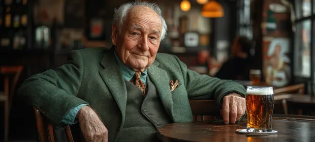 Elderly Irish gentleman smiling while holding a pint of beer in a cozy pub