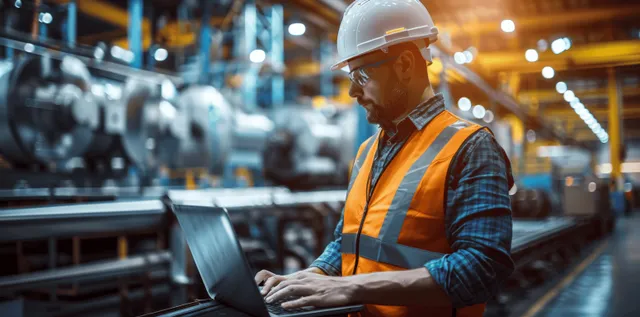 Automotive engineer in orange safety vest uses laptop beside robotic arms in assembly plant